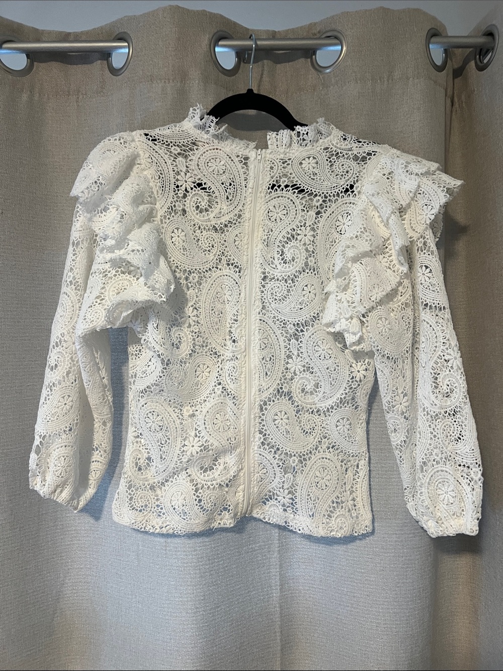 Women's White Paisley Lace Ruffle Blouse - Picture 2 of 9